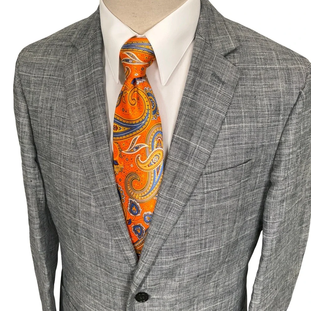 Banana Republic Blazer Mens 40R Gray Linen Slim Fit Glen Plaid Jacket